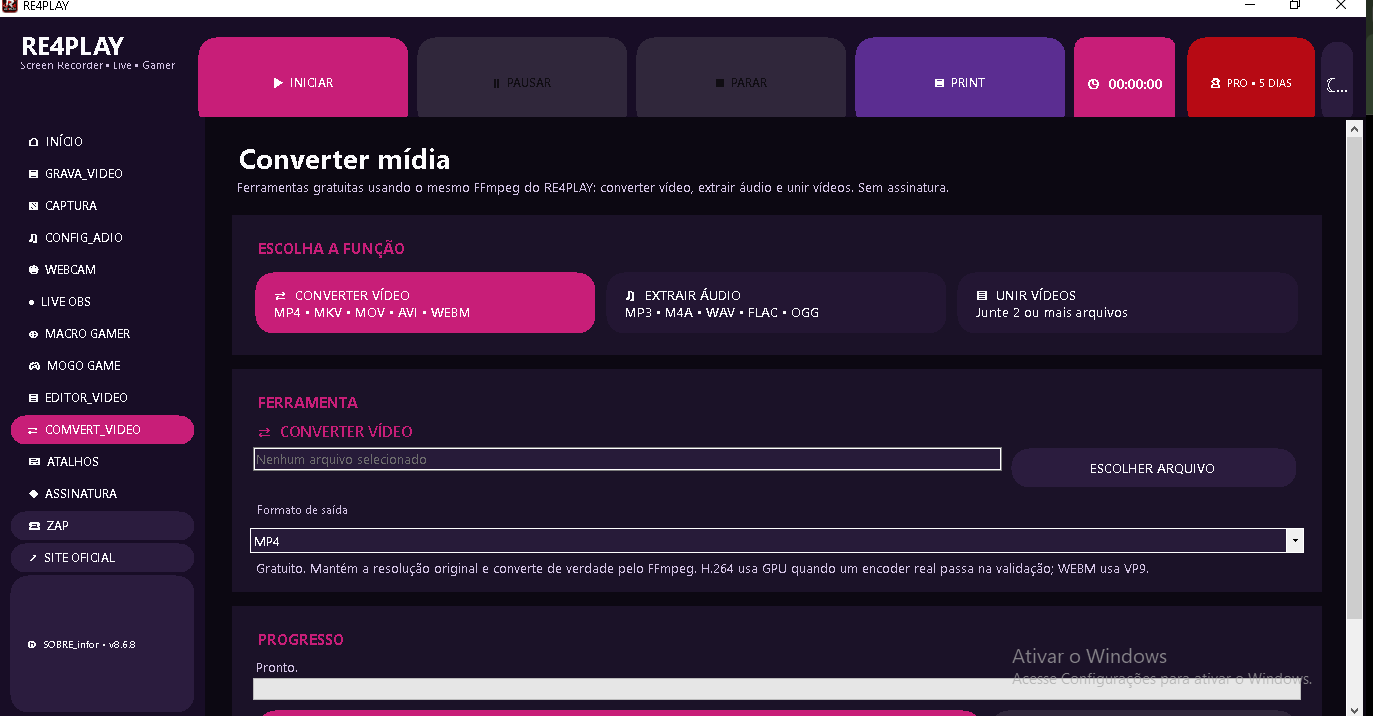 Tela Converter mídia do RE4PLAY